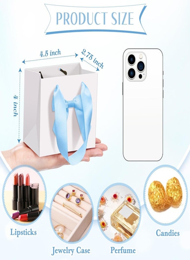 Kolldenn 50 Pcs No DIY Small Gift Bags with Blue Bow Ribbon 4''x2.7''x4.5'' Mini White Paper Thank You Bags Bulk with Handle for Christmas Baby Shower Wedding Party Favor Birthday Return Guests - Image 5